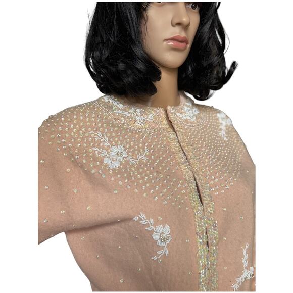 Vintage Jo Ro Imports Angora Lamb Wool Beaded Sequin pink white Cardigan small - Picture 6 of 16